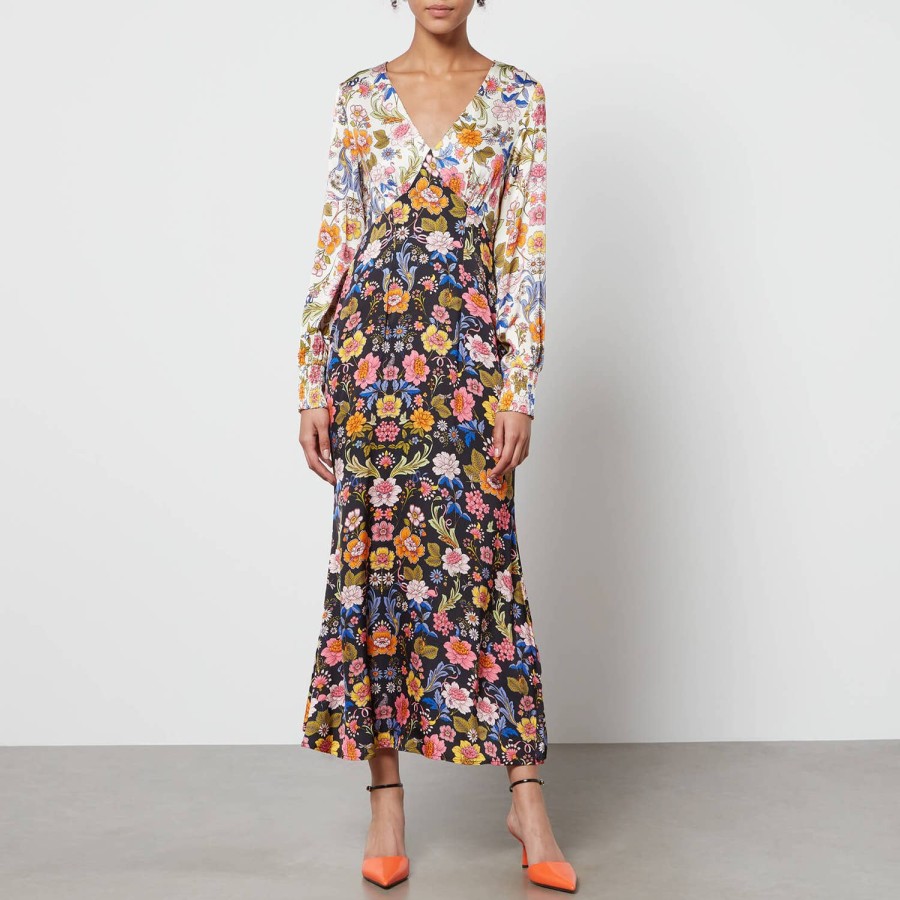 Woemn Never Fully Dressed Dresses | Never Fully Dressed Louella Floral-Print Satin Dress