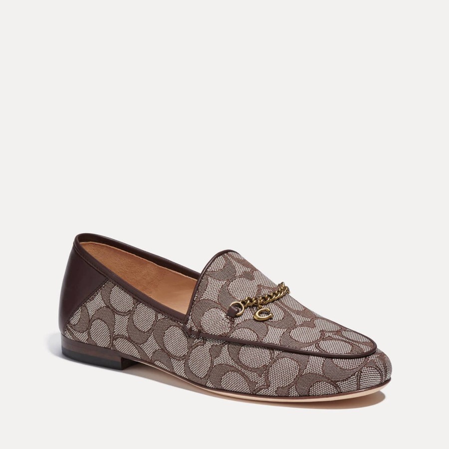 Footwear Coach Loafers | Coach Women'S Hanna Jacquard Gold-Tone Chain Leather Loafers