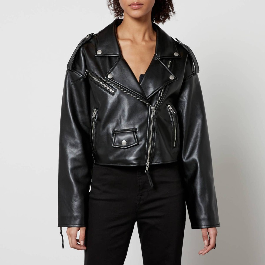 Woemn Good American Jackets & Coats | Good American Crop Moto Cropped Faux Leather Jacket